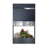 Lillekastiga postkast | kliendi soovitud graveering | roostevabast terasest nimesilt | antratsiithall RAL 7016 | Siebert Frame