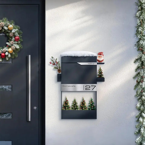 Lillekastiga postkast | kliendi soovitud graveering | roostevabast terasest nimesilt | antratsiithall RAL 7016 | Siebert Frame