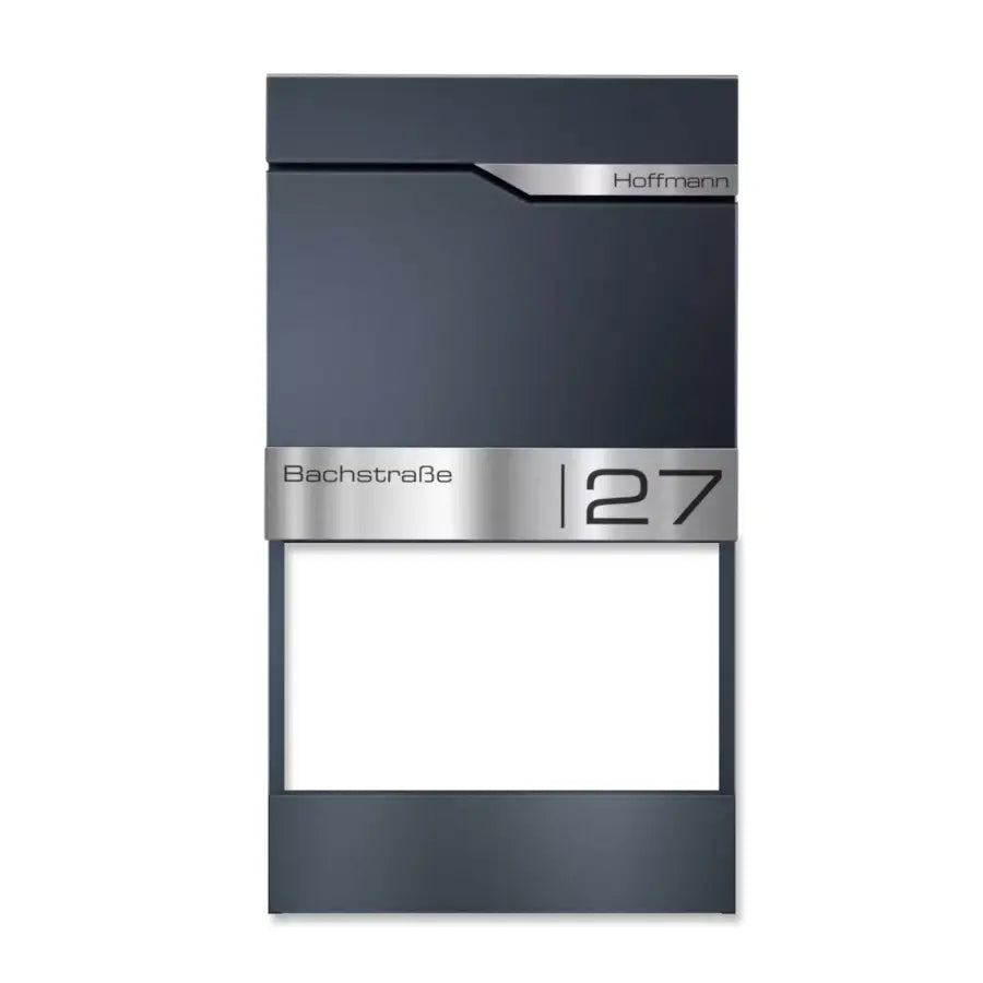 Lillekastiga postkast | kliendi soovitud graveering | roostevabast terasest nimesilt | antratsiithall RAL 7016 | Siebert Frame