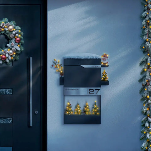 Lillekastiga postkast | kliendi soovitud graveering | roostevabast terasest nimesilt | antratsiithall RAL 7016 | Siebert Frame